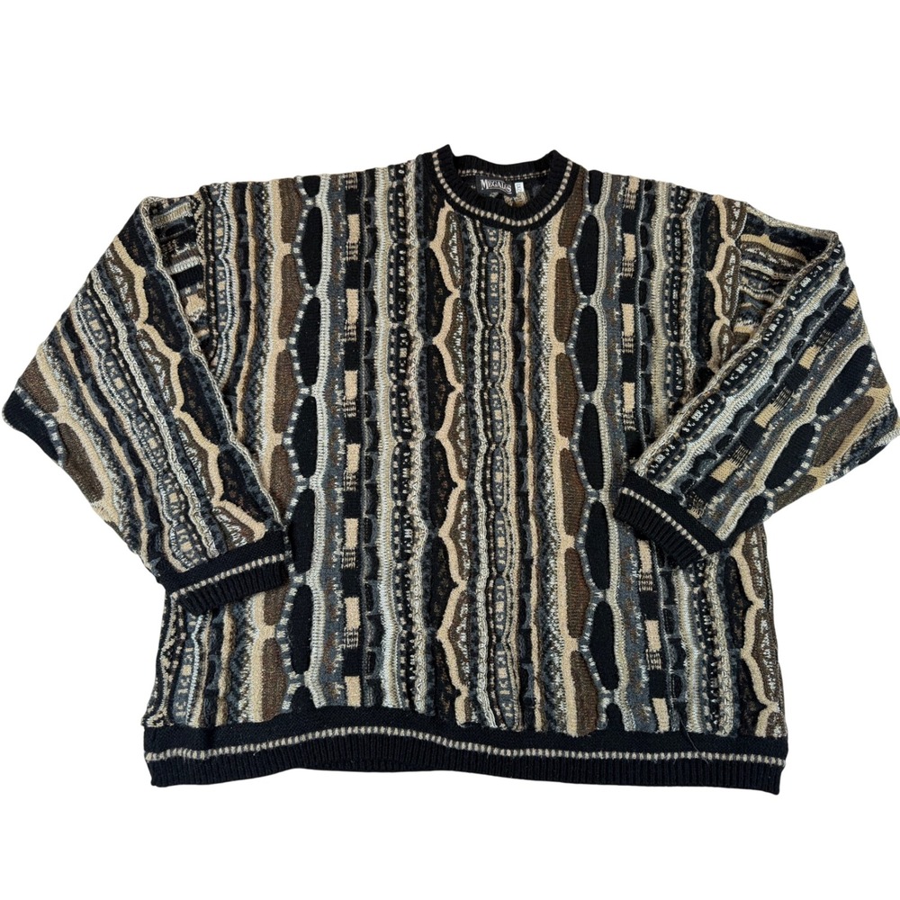 Megalos Mens 2XT 3D Textured Knit Sweater Vtg Brown Neutral Abstract Coogi Style
